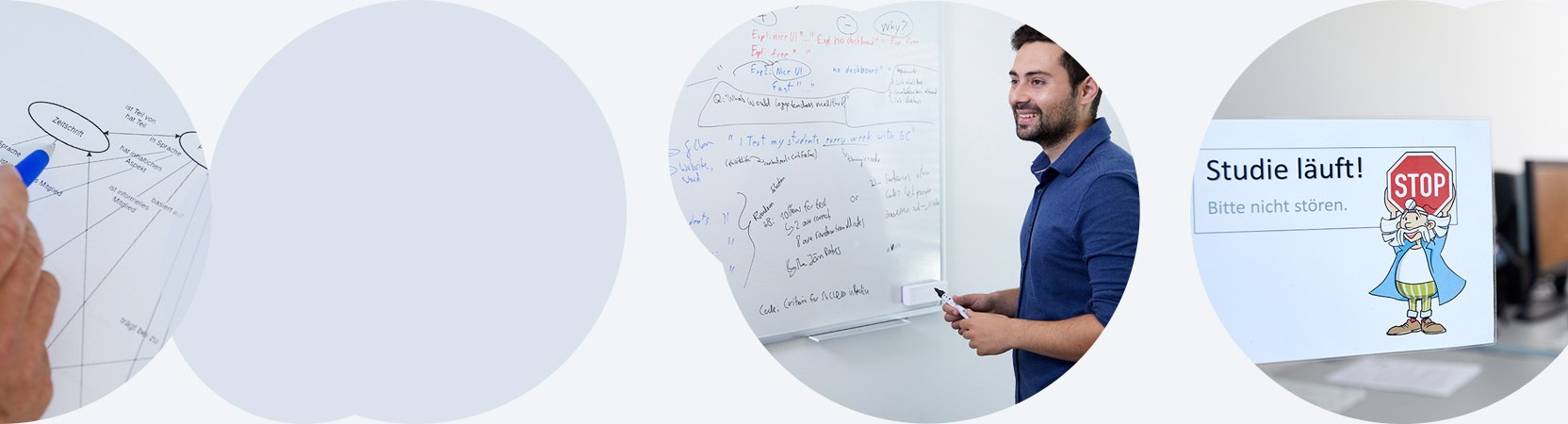 Schmuckbild: Banner mit Skizzenausschitt, mit Person an einem Whiteboard und einem Hinweisschild