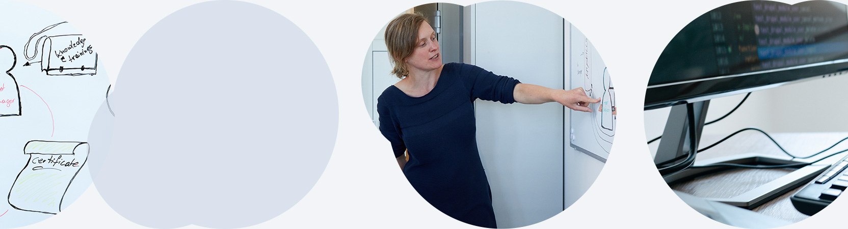 Schmuckbild: Banner mit einem Whiteboard, einer Teilnehmerin und einem Bildschirmausschnitt